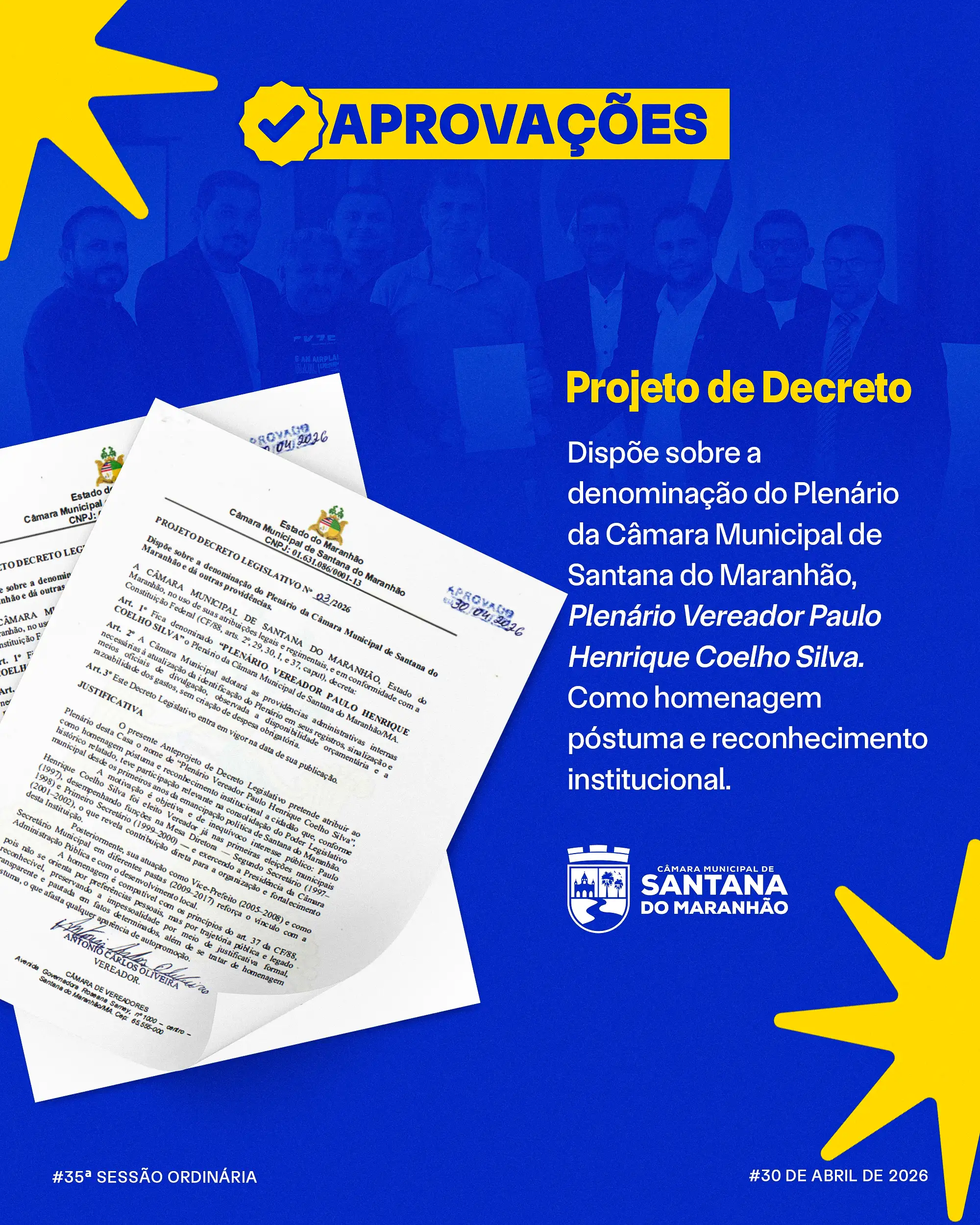 Câmara Municipal de Santana do Maranhão denomina plenário em homenagem ao ex-vereador Paulo Henrique Coelho Silva